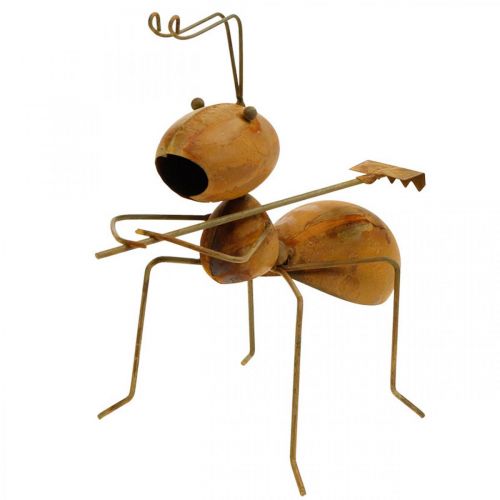 Figura decorativa hormiga metal con rastrillo decoración jardín óxido 21,5cm
