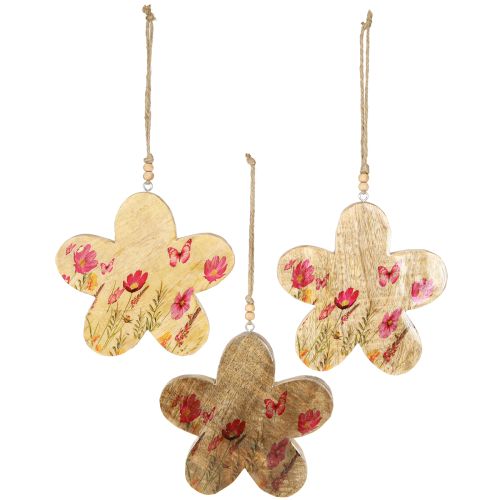 Artículo Flores decorativas colgantes de madera Primavera Rosa natural 16cm 3 piezas