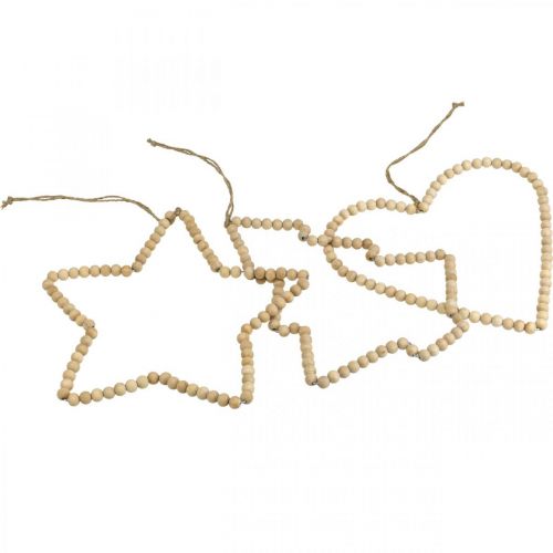 Artículo Percha decorativa Navidad cuentas de madera corazón estrella árbol H20cm 3pcs