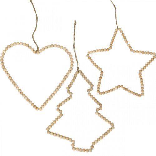 Artículo Percha decorativa Navidad cuentas de madera corazón estrella árbol H20cm 3pcs