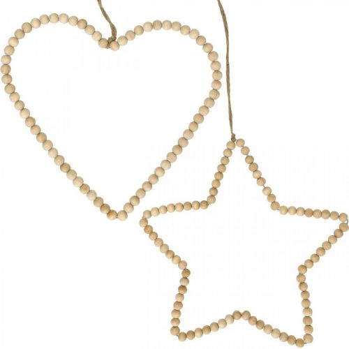 Artículo Percha decorativa Navidad cuentas de madera corazón estrella árbol H20cm 3pcs