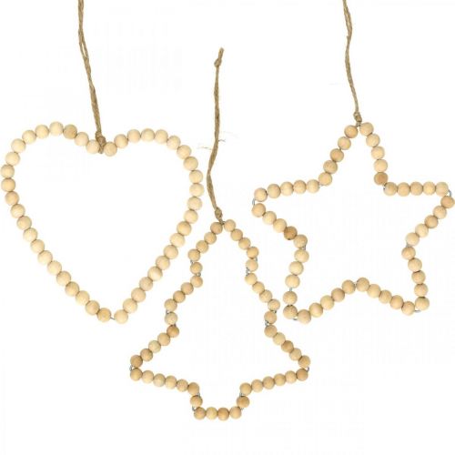 Percha decorativa Navidad cuentas de madera corazón estrella árbol H13cm 3pcs