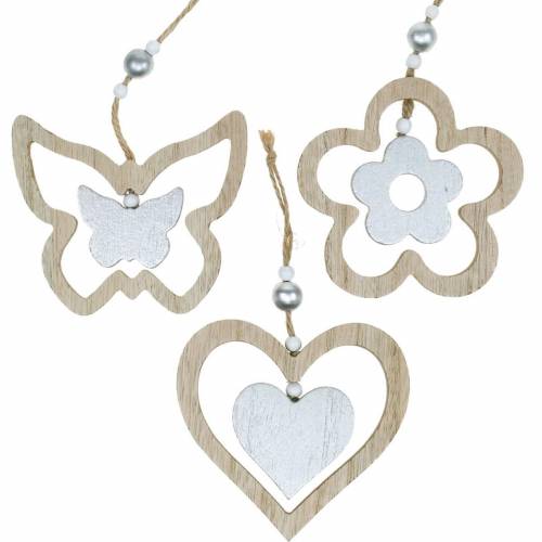 Decoración percha corazón flor mariposa naturaleza, decoración de madera plateada 6 piezas