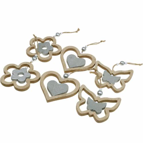 Floristik24 Percha decorativa corazón flor mariposa natural, decoración de madera plateada 6 piezas