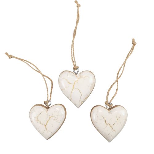 Artículo Percha decorativa madera corazones de madera natural blanco/oro craquelado 6cm 8ud