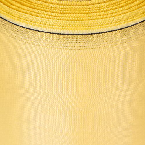 Artículo Cinta decorativa de moiré para coronas, color amarillo con borde dorado, 100 mm de ancho y 25 m de largo, ideal para floristería y decoración.
