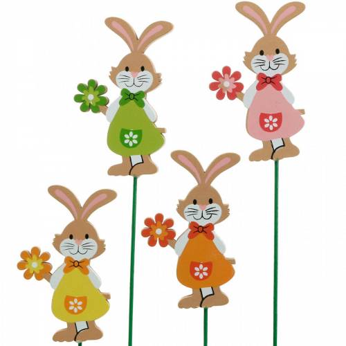 Floristik24 Tapón decorativo Conejito de Pascua con flor Decoración de Pascua Conejitos de madera en un palo 24 piezas