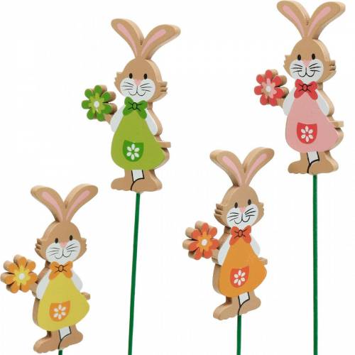 Floristik24 Tapón decorativo Conejito de Pascua con flor Decoración de Pascua Conejitos de madera en un palo 24 piezas