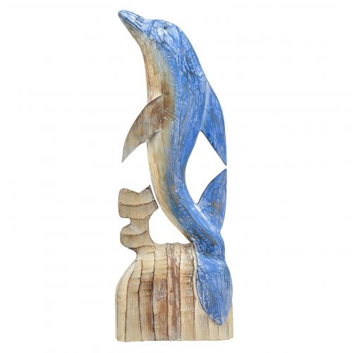 Artículo Figura de delfín decoración marítima de madera tallada a mano azul Al.59cm