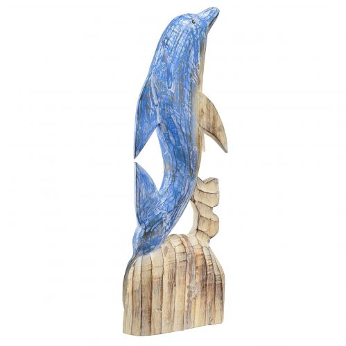 Artículo Figura de delfín decoración marítima de madera tallada a mano azul Al.59cm