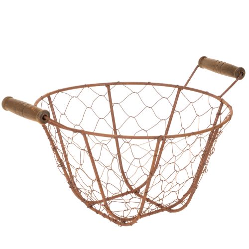 Cesta redonda vintage de alambre con asas de madera, cesta de metal, acabado oxidado, Ø22cm comprar | Floristik24.es