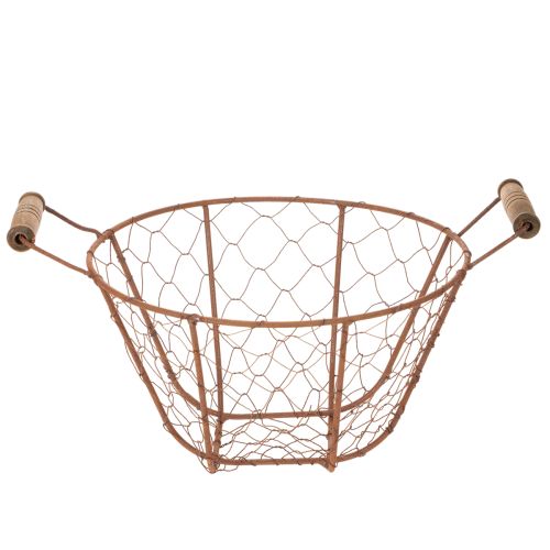 Cesta redonda vintage de alambre con asas de madera, cesta de metal, acabado oxidado, Ø22cm | Floristik24.es
