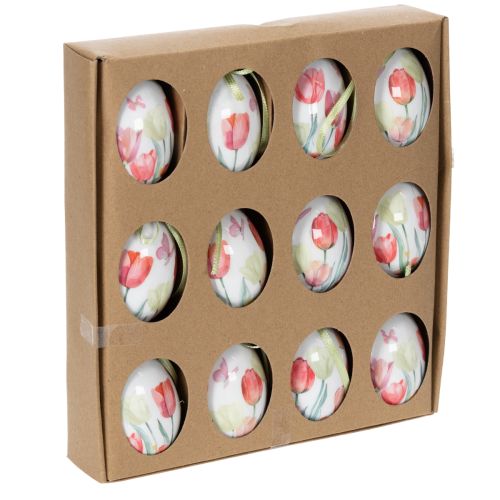 Artículo Decoración de huevo de Pascua, motivo de tulipán con cinta para colgar y decoración primaveral, 6 cm, 12 piezas