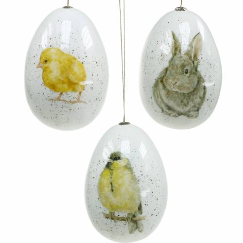 Floristik24 Huevos de Pascua para colgar con motivos animales pollito, pájaro, conejo blanco surtido 3uds