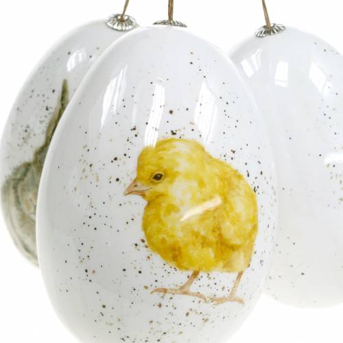 Floristik24 Huevos de Pascua para colgar con motivos animales pollito, pájaro, conejo blanco surtido 3uds