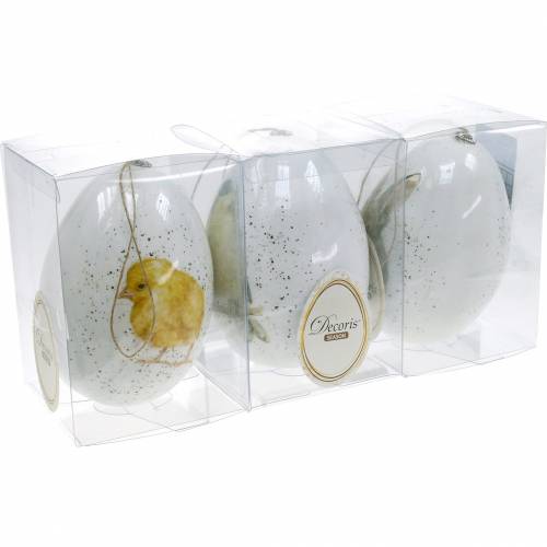 Floristik24 Huevos de Pascua para colgar con motivos animales pollito, pájaro, conejo blanco surtido 3uds