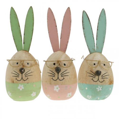 Artículo Conejito de pascua con gafas figura decorativa huevo de madera Ø5cm H13.5cm 3pcs
