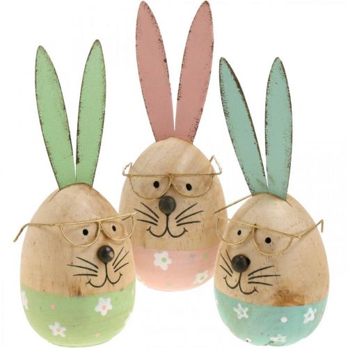 Artículo Conejito de pascua con gafas figura decorativa huevo de madera Ø5cm H13.5cm 3pcs