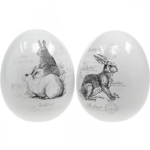 Huevo de cerámica, Decoración de Pascua, Huevo de Pascua con conejos blanco, negro Ø10cm H12cm juego de 2
