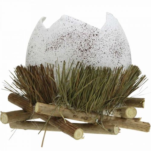 Artículo Decoración de Pascua, huevo en nido, huevo decorativo, nido de pájaro Ø9cm H10cm Blanco, colores naturales 4 piezas