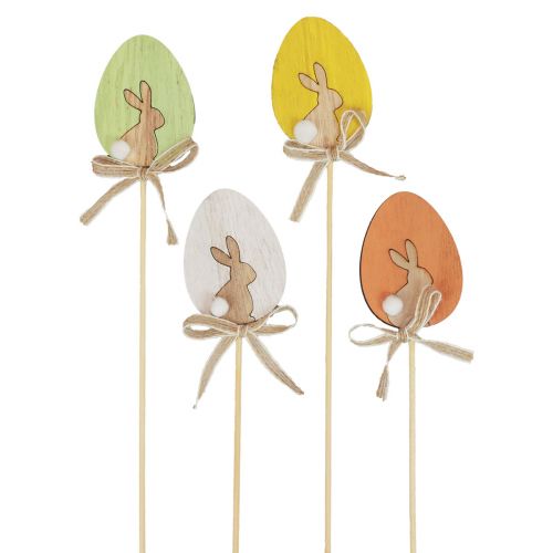 Floristik24 Tapón floral decoración de Pascua huevo de madera con conejito colorido 5×7cm 12 piezas