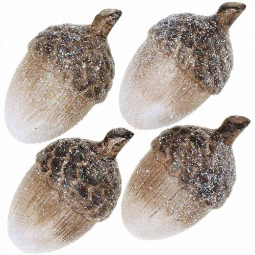 Floristik24 Bellotas decorativas cubiertas de nieve, adornos de cerámica, Adviento, adornos de otoño invierno L9.5 4pcs