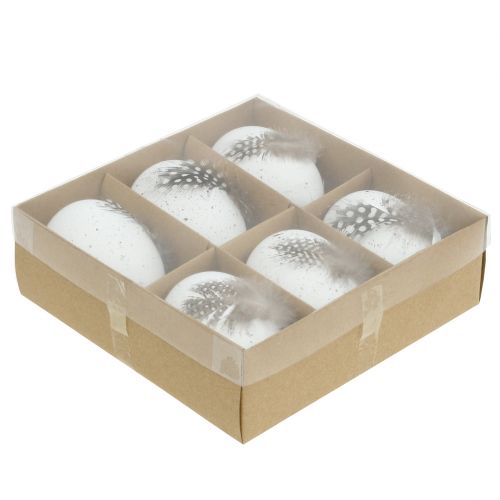 Floristik24 Huevos blancos con plumas 7cm 6pcs