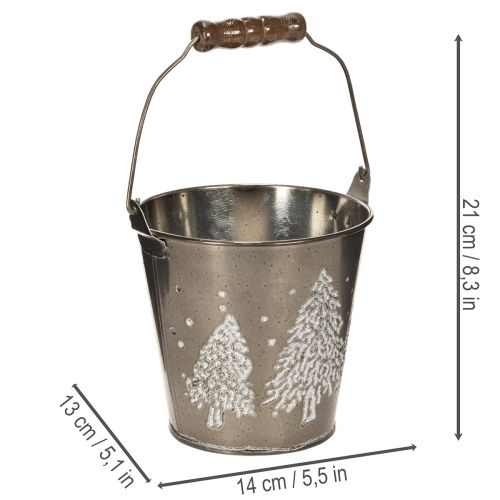 Cubo decorativo con abetos y asa de madera, 13 cm. | Floristik24.es