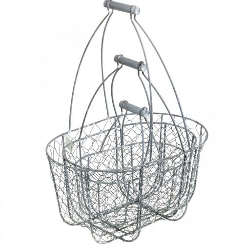 Artículo Cesta de alambre con asa, cestas nostálgicas, cesta de metal shabby chic, aspecto envejecido plateado, blanco L35/30/25cm H46.5/35/25cm juego de 3