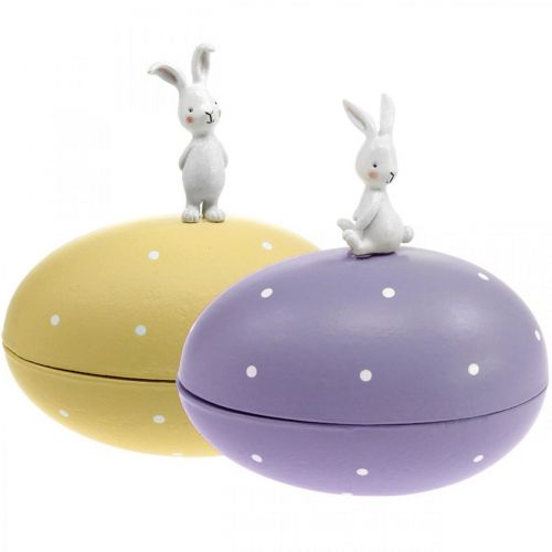 Floristik24 Conejito en huevo, huevo decorativo para rellenar, Pascua, caja decorativa amarillo, morado H17/16cm L15cm juego de 2