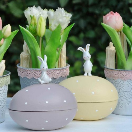 Artículo Conejito en huevo, huevo decorativo para rellenar, Pascua, caja decorativa amarillo, morado H17/16cm L15cm juego de 2