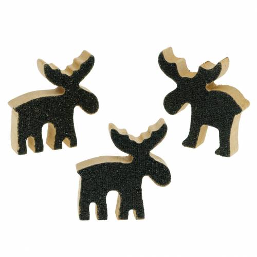 Decoración navideña dispersa madera de alce brillo negro 5×5,5 cm 12 piezas