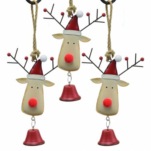Colgante navideño cabeza de alce con campana 11.5cm rojo, beige 3ud