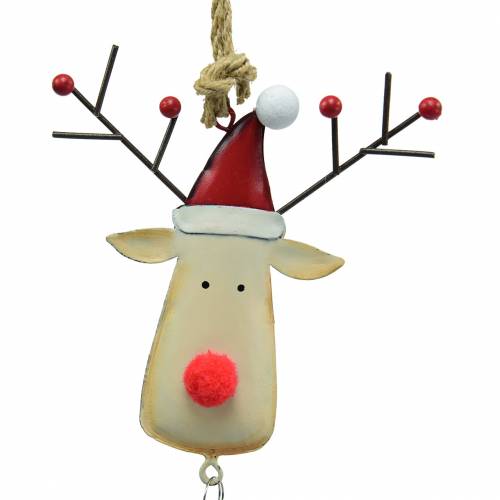 Artículo Colgante navideño cabeza de alce con campana 11.5cm rojo, beige 3ud