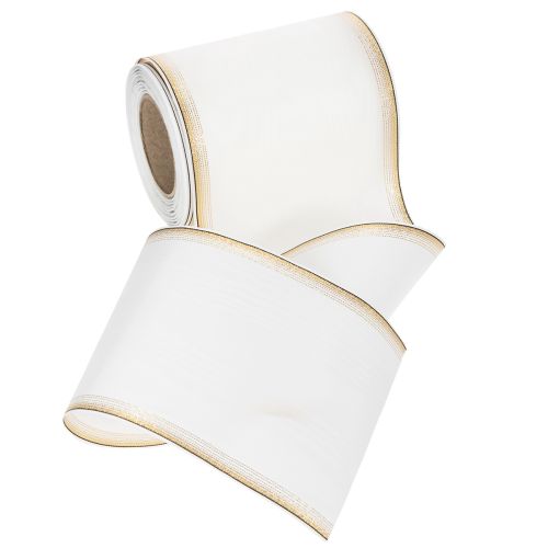 Elegante cinta de corona de muaré, 125 mm, blanca con ribete dorado - Cinta decorativa de alta calidad para floristería y celebraciones | Floristik24.es