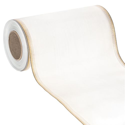 Elegante cinta de corona de muaré, 200 mm, blanca con borde perlado dorado y acabado especial, 25 m - Perfecta para decoraciones y celebraciones comprar | Floristik24.es