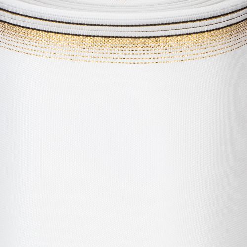 Elegante cinta de corona de muaré, 200 mm, blanca con borde perlado dorado y acabado especial, 25 m - Perfecta para decoraciones y celebraciones | Floristik24.es