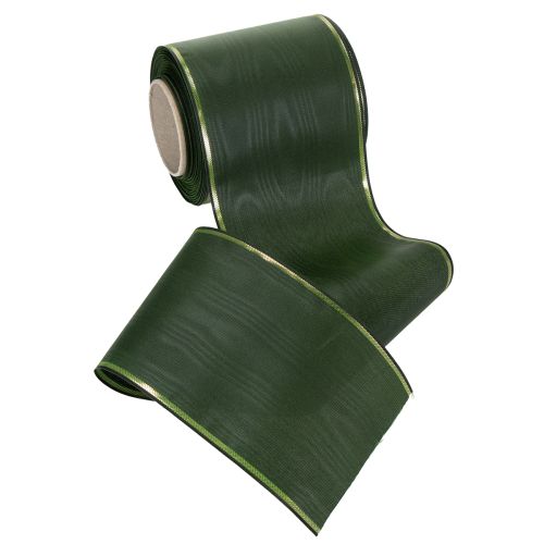 Artículo Elegante cinta de moiré verde con borde dorado, 100 mm x 25 m, para arreglos florales y decoración funeraria.