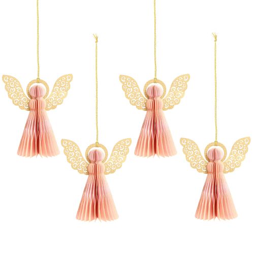 Artículo Ángel colgante decoración de papel Navidad albaricoque oro 12cm 4 piezas