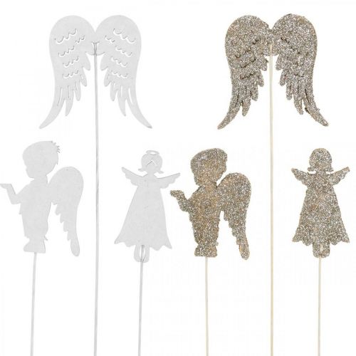 Floristik24 Tapón de Adviento de ángel, alas para pegar, ángel de madera, decoración navideña natural, blanco, purpurina dorada, 18 piezas
