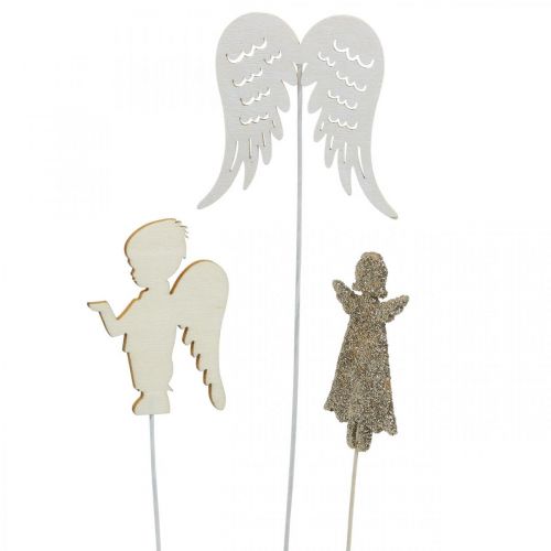 Artículo Adviento tapón ángel, alas para pegar, ángel de madera, decoración navideña natural, blanco, purpurina dorada 18ud