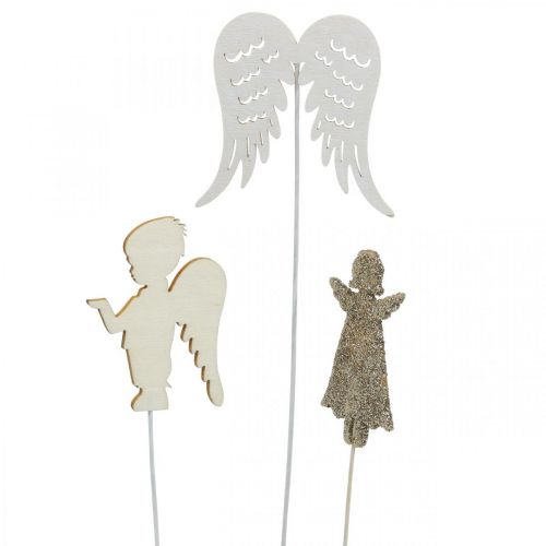 Floristik24 Tapón de Adviento de ángel, alas para pegar, ángel de madera, decoración navideña natural, blanco, purpurina dorada, 18 piezas