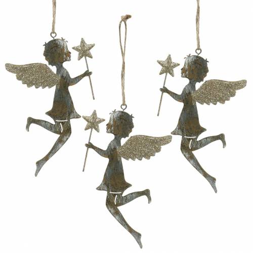 Floristik24 Ángel decorativo con varita mágica para colgar metal dorado, plateado 15,5cm × 9,5cm 3ud