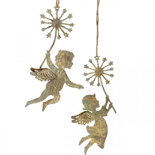 Floristik24 Ángel con diente de león, adorno navideño, colgante decorativo, adorno de metal dorado aspecto antiguo H16/15cm 4pcs