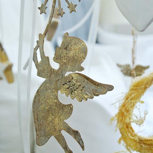 Artículo Ángel con diente de león, adorno navideño, colgante decorativo, adorno de metal dorado aspecto antiguo H16/15cm 4pcs