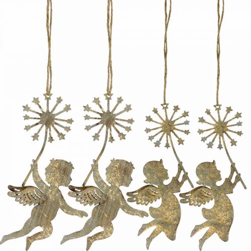 Ángel con diente de león, decoración navideña, colgante decorativo, decoración de metal aspecto dorado antiguo H16 / 15cm 4 piezas