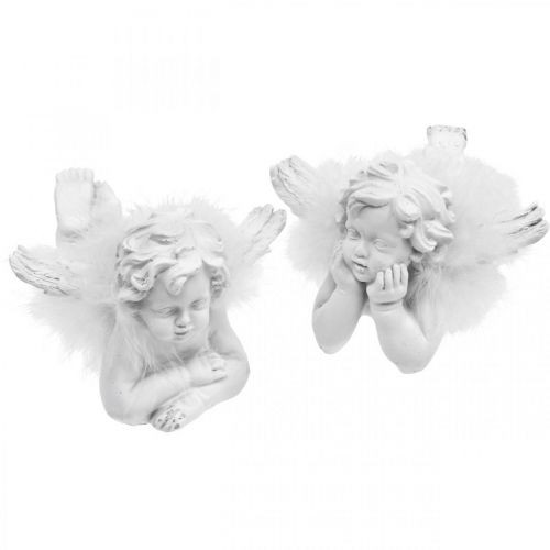 Artículo Ángel acostado, decoración navideña, decoración de ángel con plumas, blanco de Adviento H8 / 8.5cm L14 / 12.5cm juego de 2