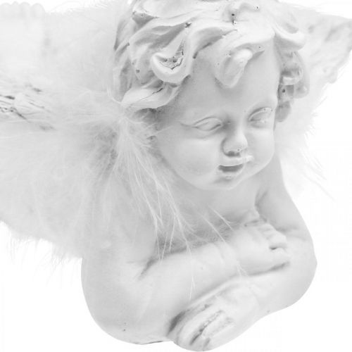 Artículo Ángel acostado, decoración navideña, decoración de ángel con plumas, blanco de Adviento H8 / 8.5cm L14 / 12.5cm juego de 2