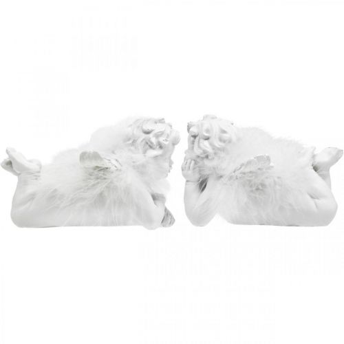 Ángel acostado, decoración navideña, decoración de ángel con plumas, blanco de Adviento H8 / 8.5cm L14 / 12.5cm juego de 2