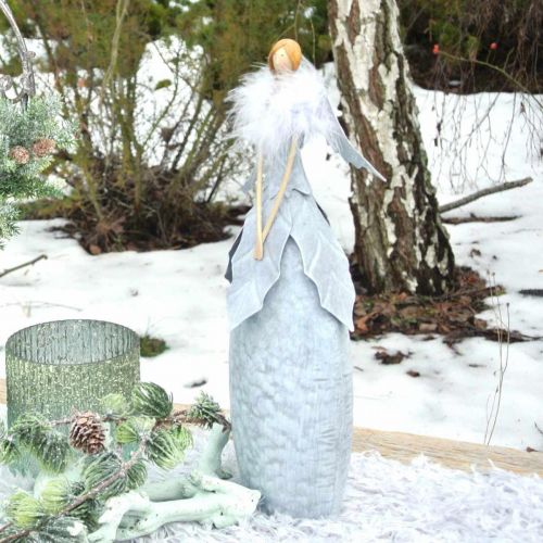 Figura de ángel decorativa con boa de plumas decoración de metal gris Navidad 38cm